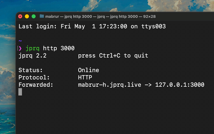Terminal running the JPRQ CLI with an online HTTP tunnel forwarded to localhost