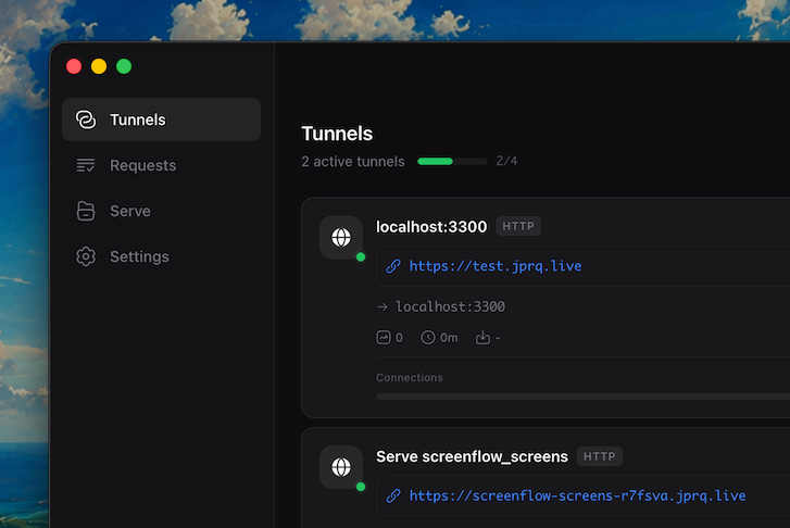 JPRQ Desktop tunnels page showing active public tunnels and localhost targets
