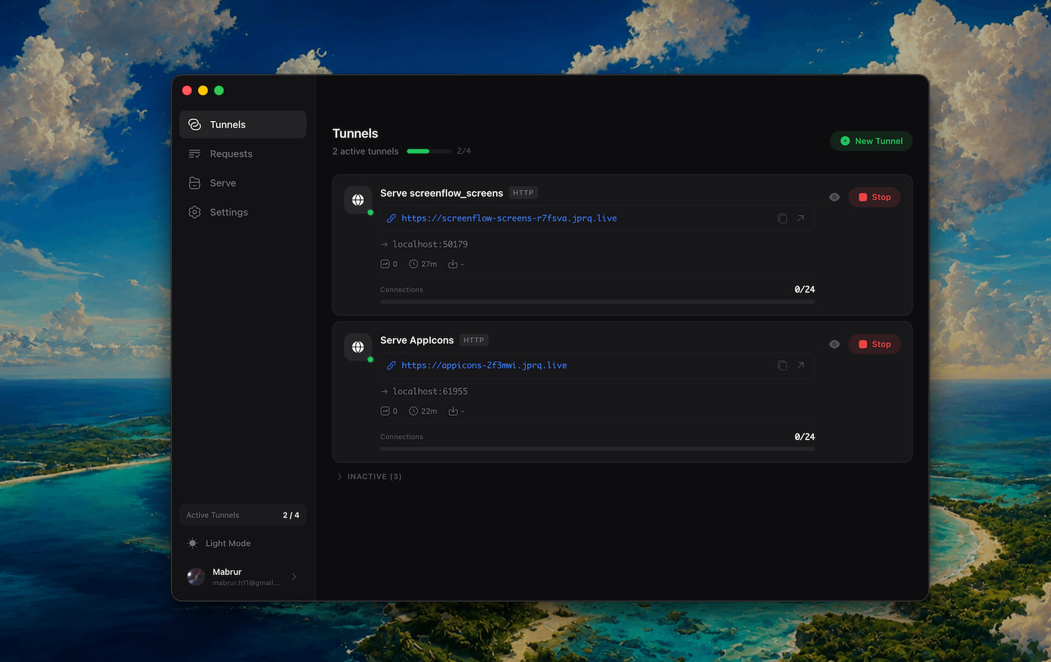 JPRQ desktop app showing active public tunnels