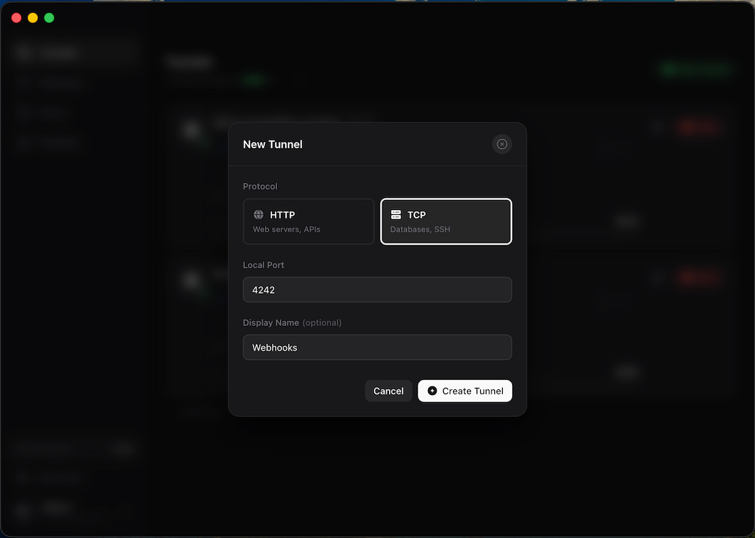 JPRQ Desktop new webhook tunnel dialog